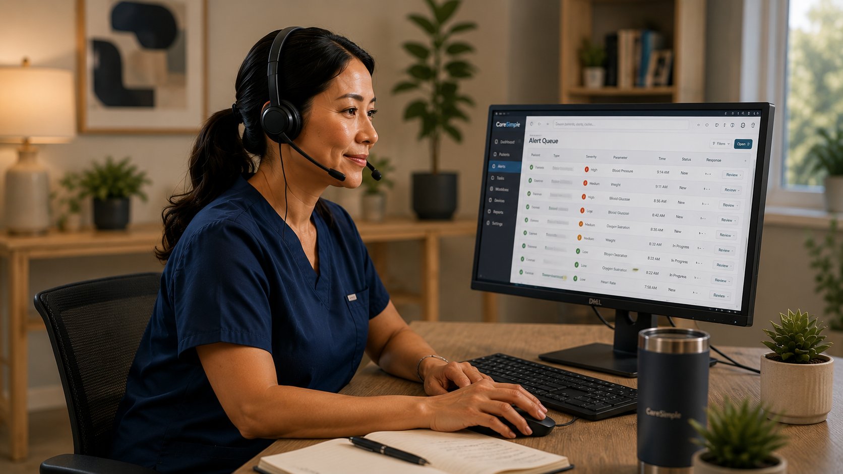 CareSimple care coordinator triaging remote patient monitoring alerts on a headset call