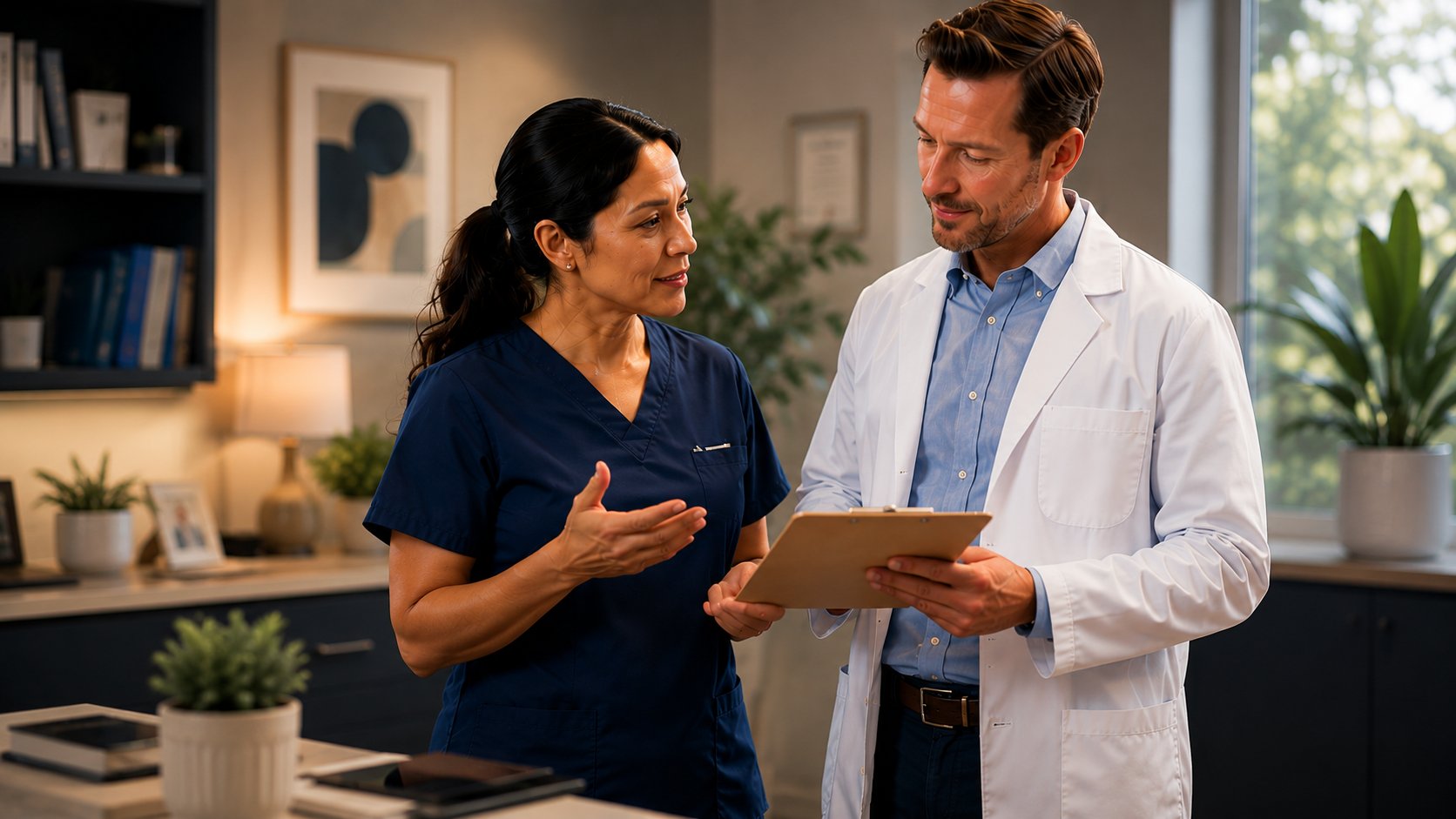 Nurse and pharmacist discussing a patient's medication adjustment