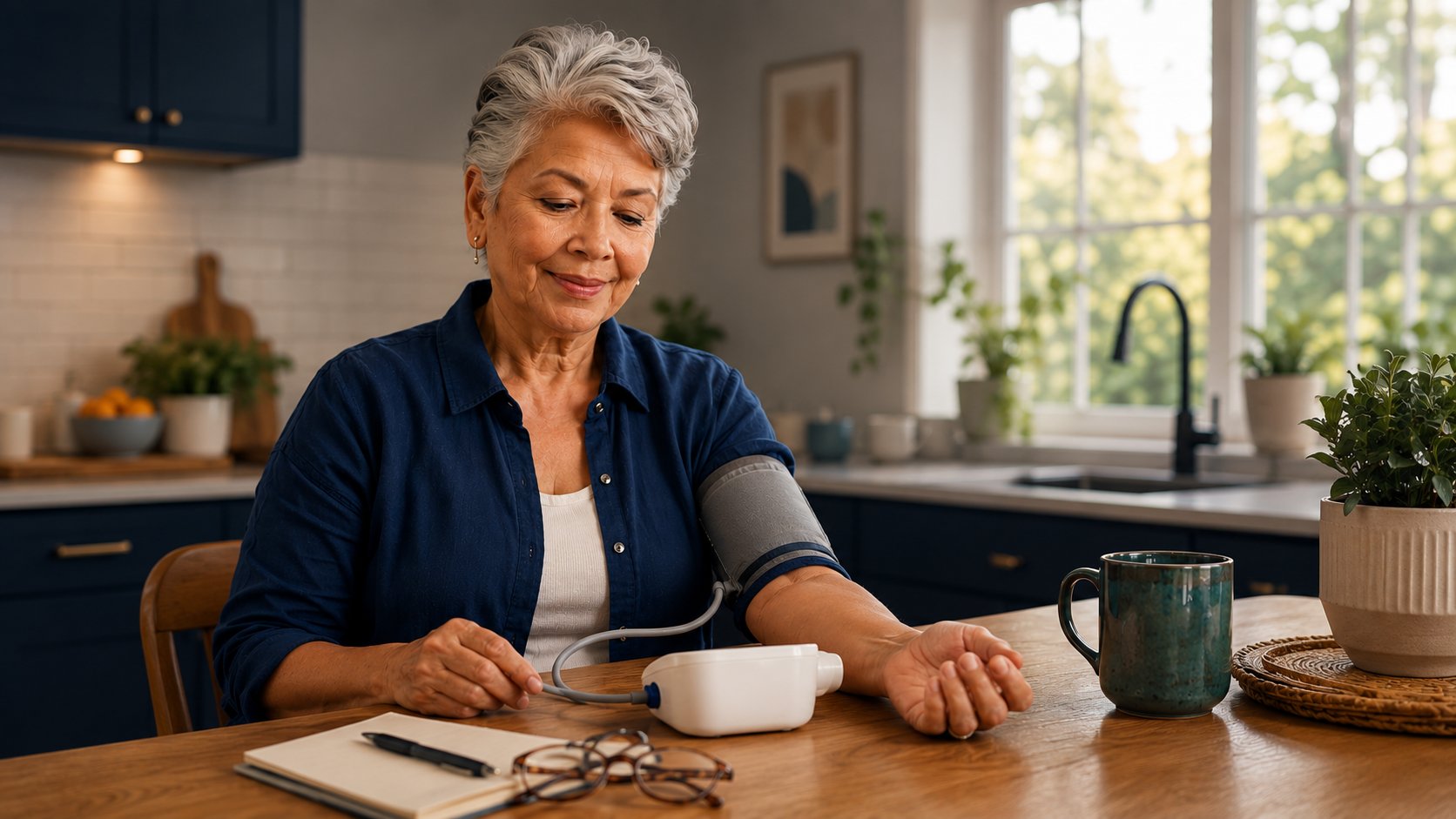 Patient taking a blood pressure reading at home with a CareSimple device